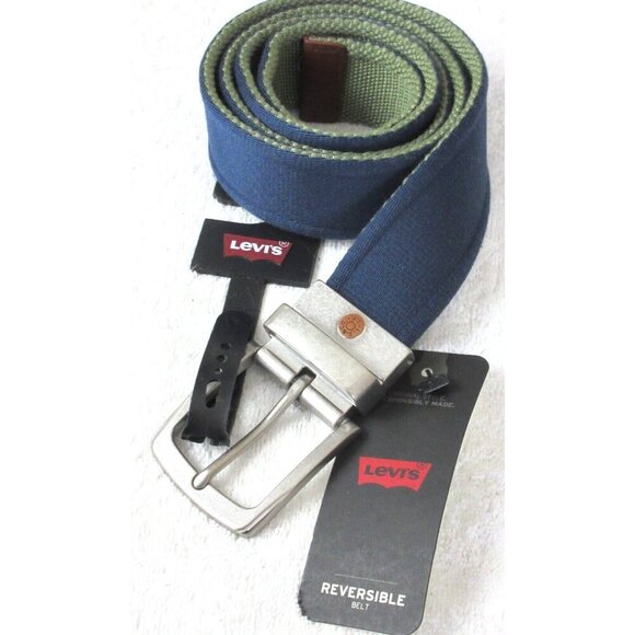 Levi's Men's Reversible Canvas Belt Navy Blue Olive Green Metal Logo Buckle NWT - Picture 3 of 4